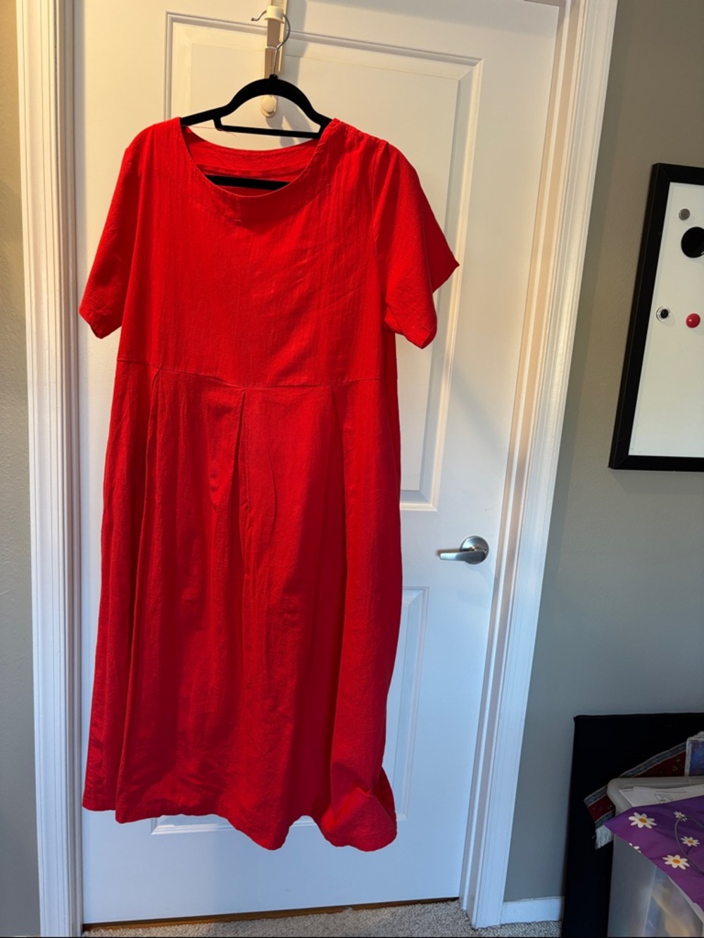 Women’s Red linen Short-Sleeve Midi Dress